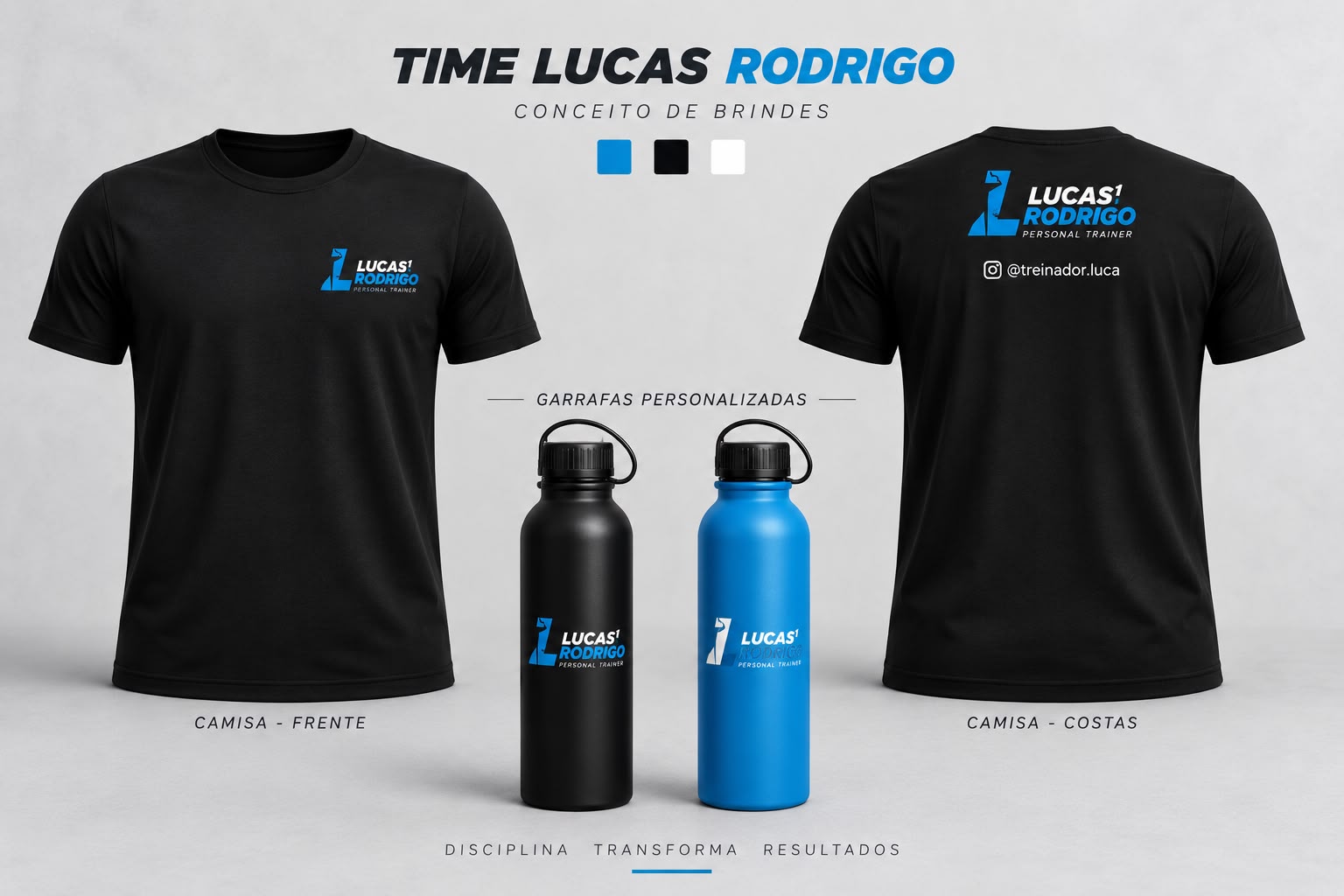 Kit de boas-vindas Time Lucas Rodrigo com camisa oficial e garrafas personalizadas